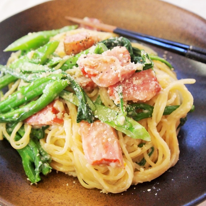 簡単 ベーコンとアスパラ菜のクリームパスタ レシピ 作り方 By 海沿い食堂 楽天レシピ